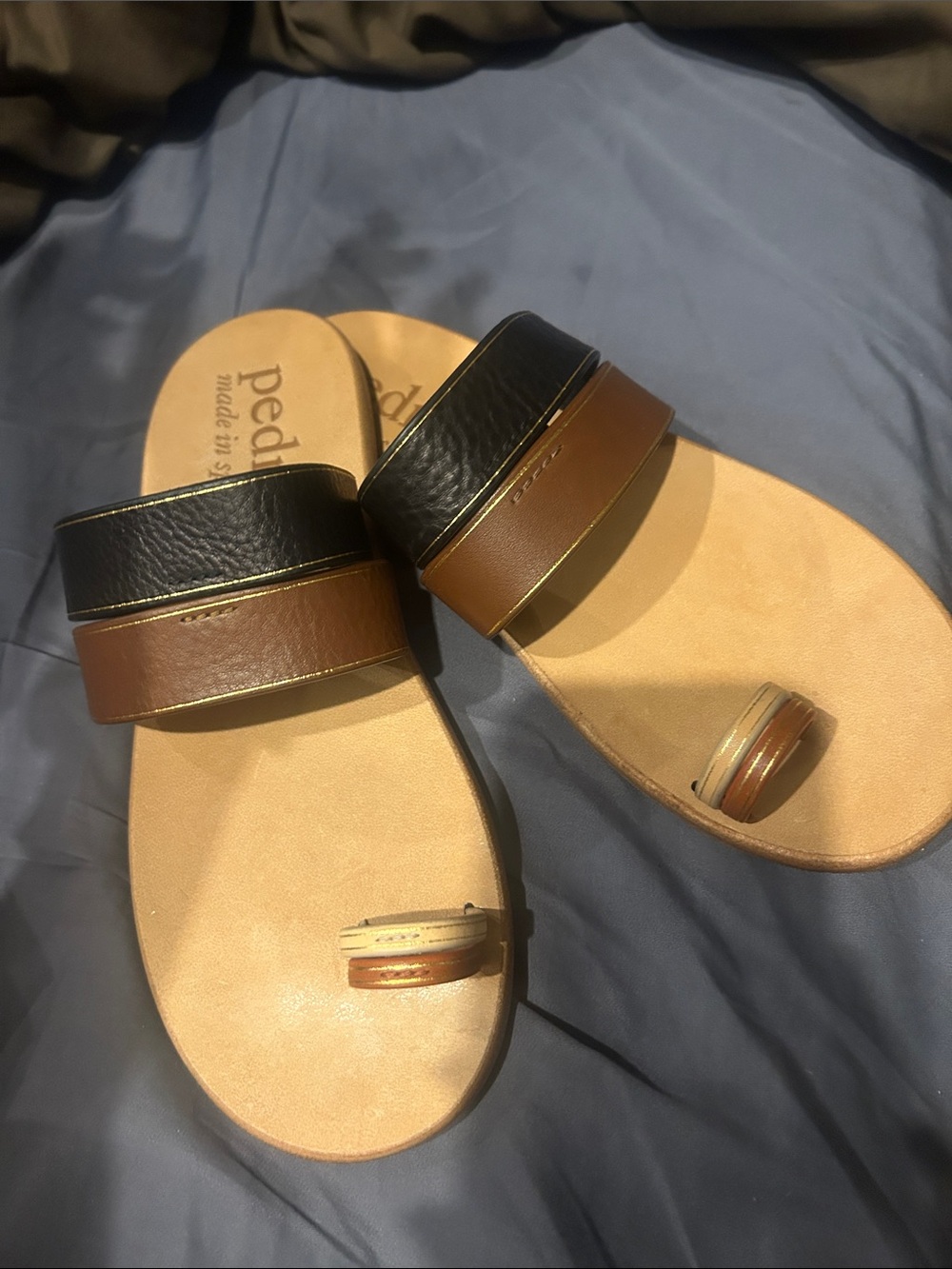 Pedro Garcia Black and Brown Leather Toe-Ring Slide Sandals Pyrana
